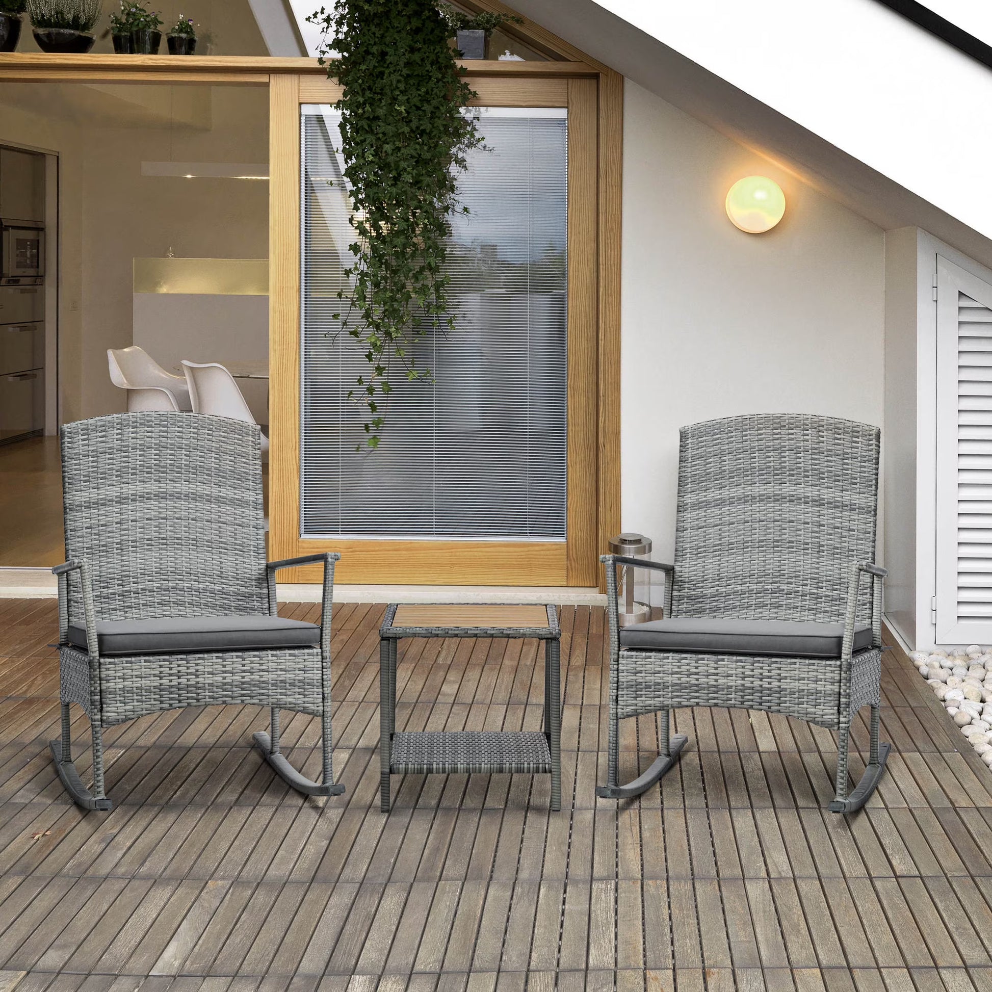 Outsunny 3Piece Wicker Rocking Chair Patio Furniture Set, Gray