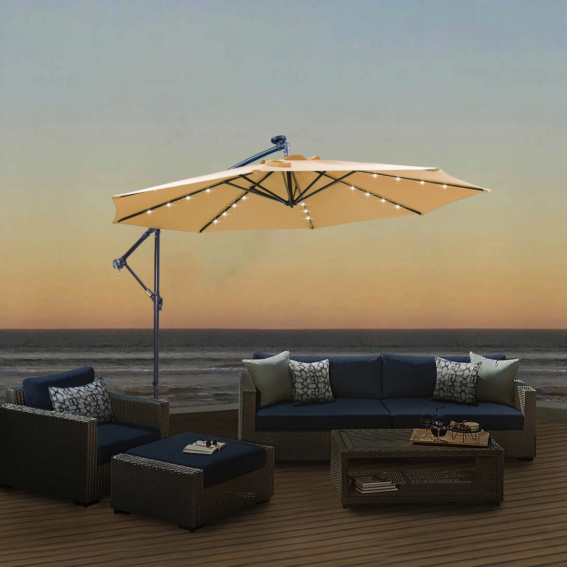 DUOSONG 10 Ft Solar Led Patio Outdoor Umbrella Hanging Cantilever Umbrella Offset Umbrella Easy Open Adustment With 32 Led Lights -Taupe taupe Metal Garden & Outdoor Canopies & Gazebos Umbrellas &