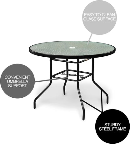 Outdoor Steel Dining Table Patio Furniture, Round Waterwave Glass Top, Black, 40"