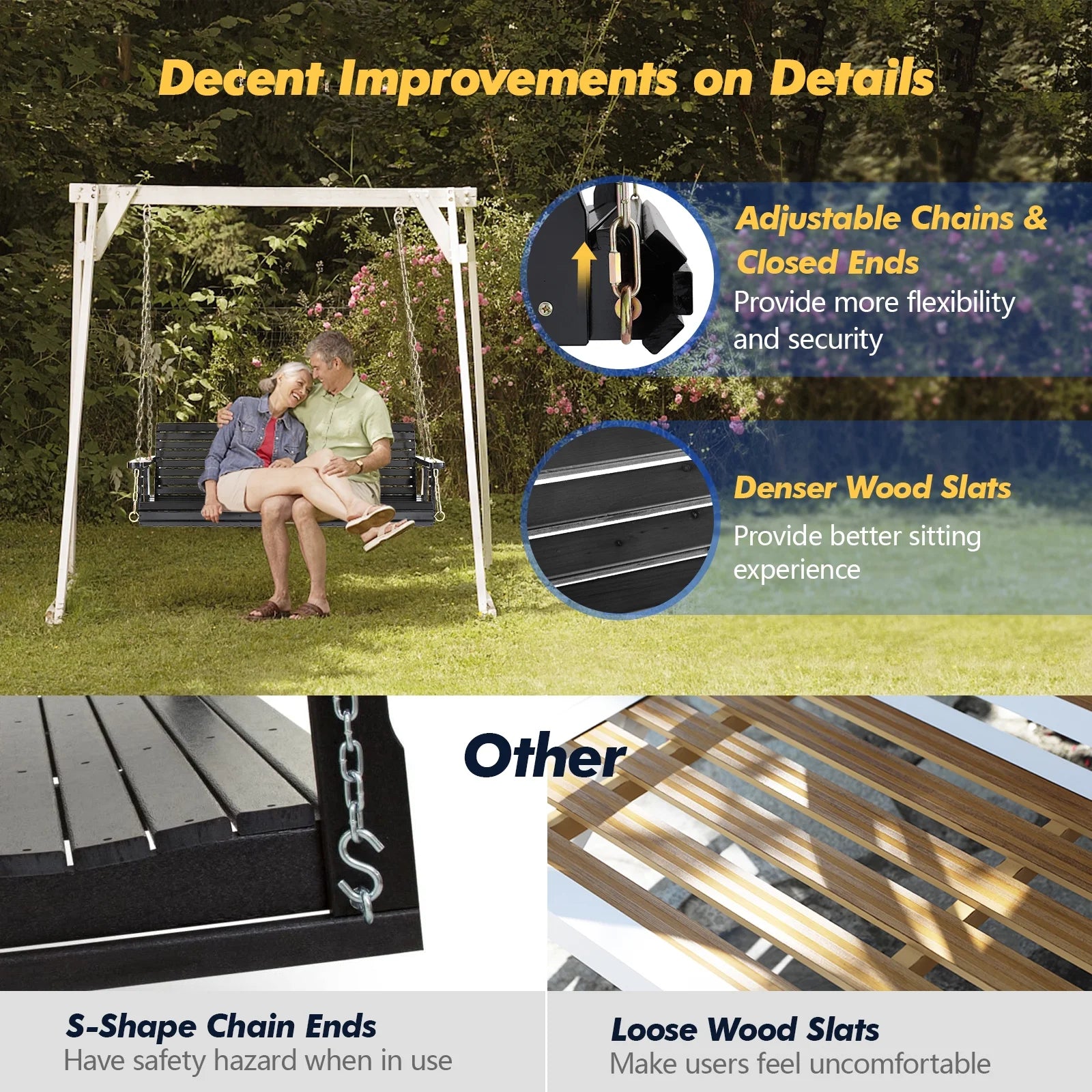Zimtown Patio Wooden Porch Swing Swing Chair Bench Heavy Duty 880lbs with Hanging Chains for Outdoors,4 FT, Black