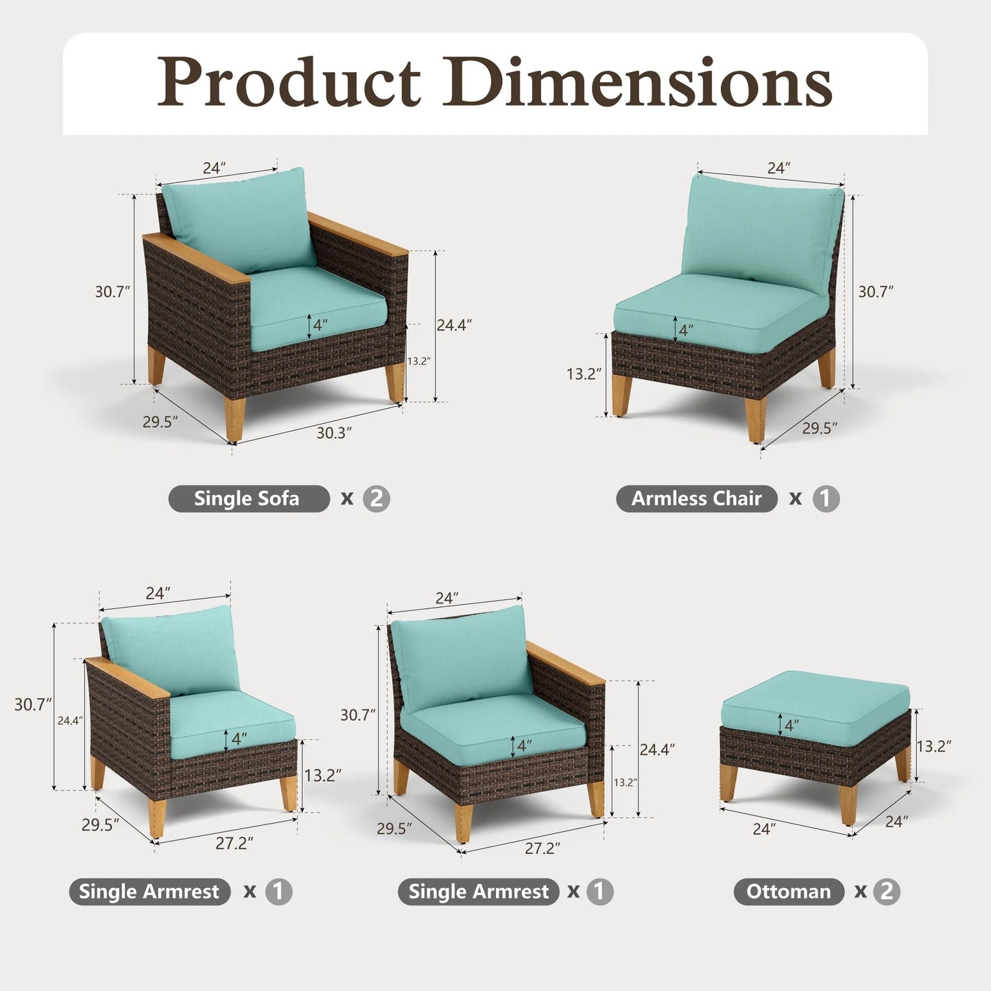 Sophia & William 7-Piece Outdoor Wicker Conversation Set Patio Furniture Set with Turquoise Cushions