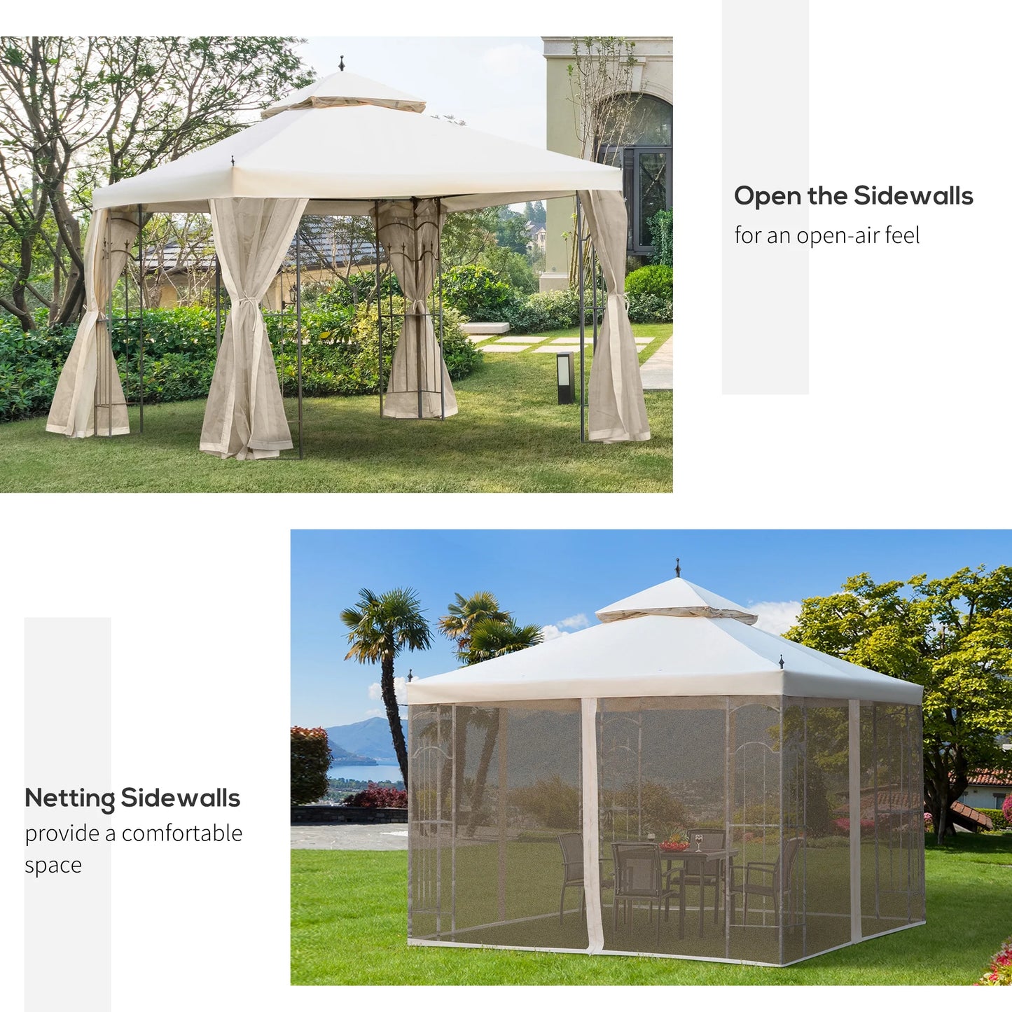 Outsunny 118" x 118" Steel Outdoor Patio Gazebo Canopy with Removable Mesh Curtains, Display Shelves, & Steel Frame, Cream White