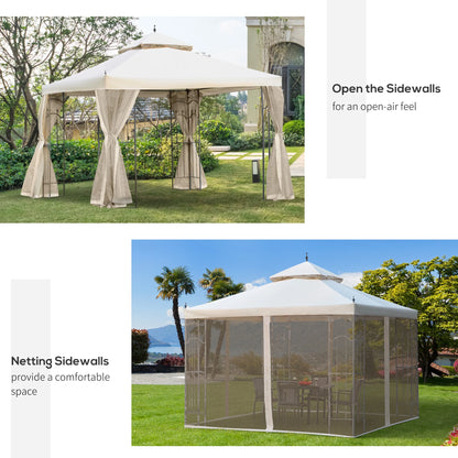 Outsunny 118" x 118" Steel Outdoor Patio Gazebo Canopy with Removable Mesh Curtains, Display Shelves, & Steel Frame, Cream White