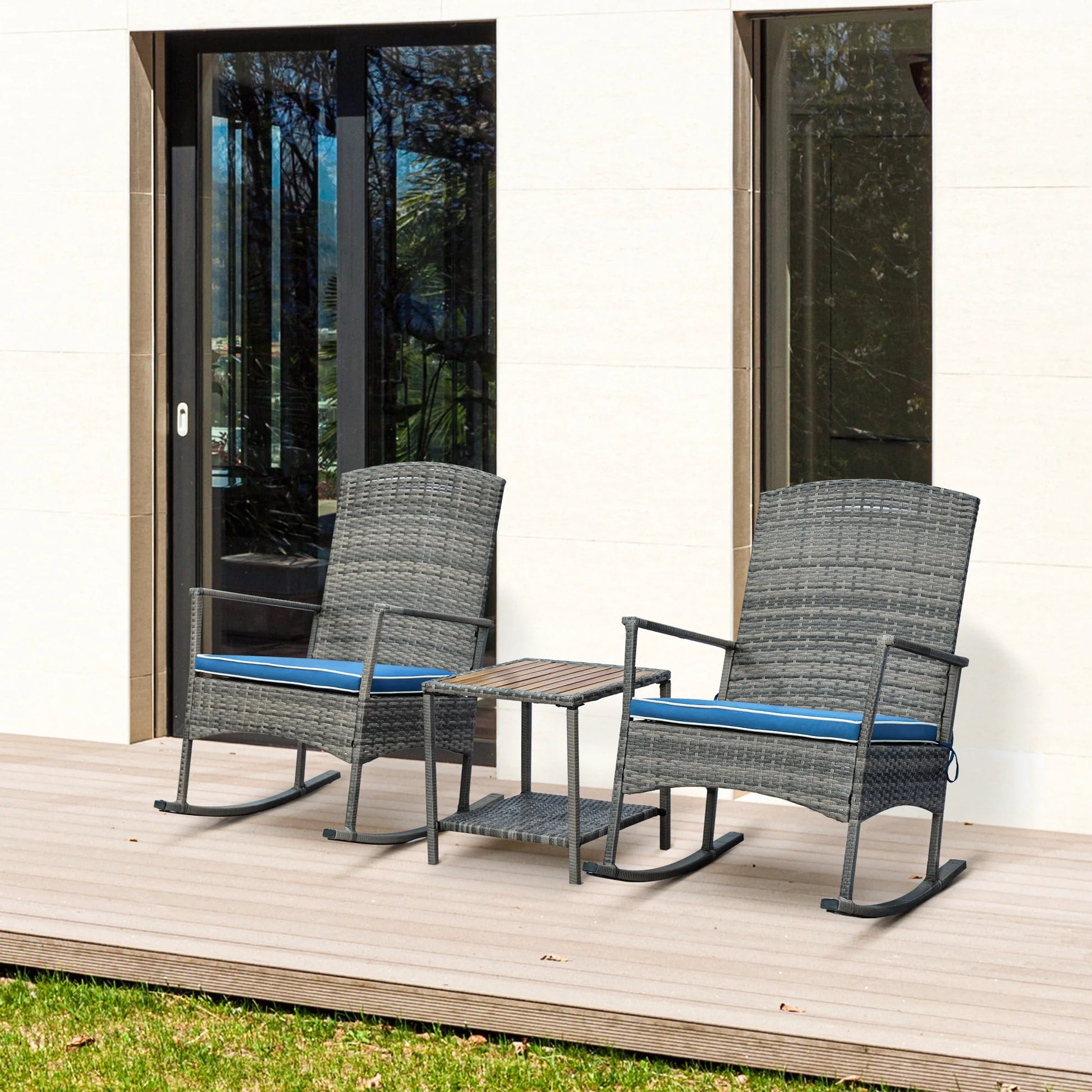 Outsunny 3Piece Wicker Rocking Chair Patio Furniture Set, Gray