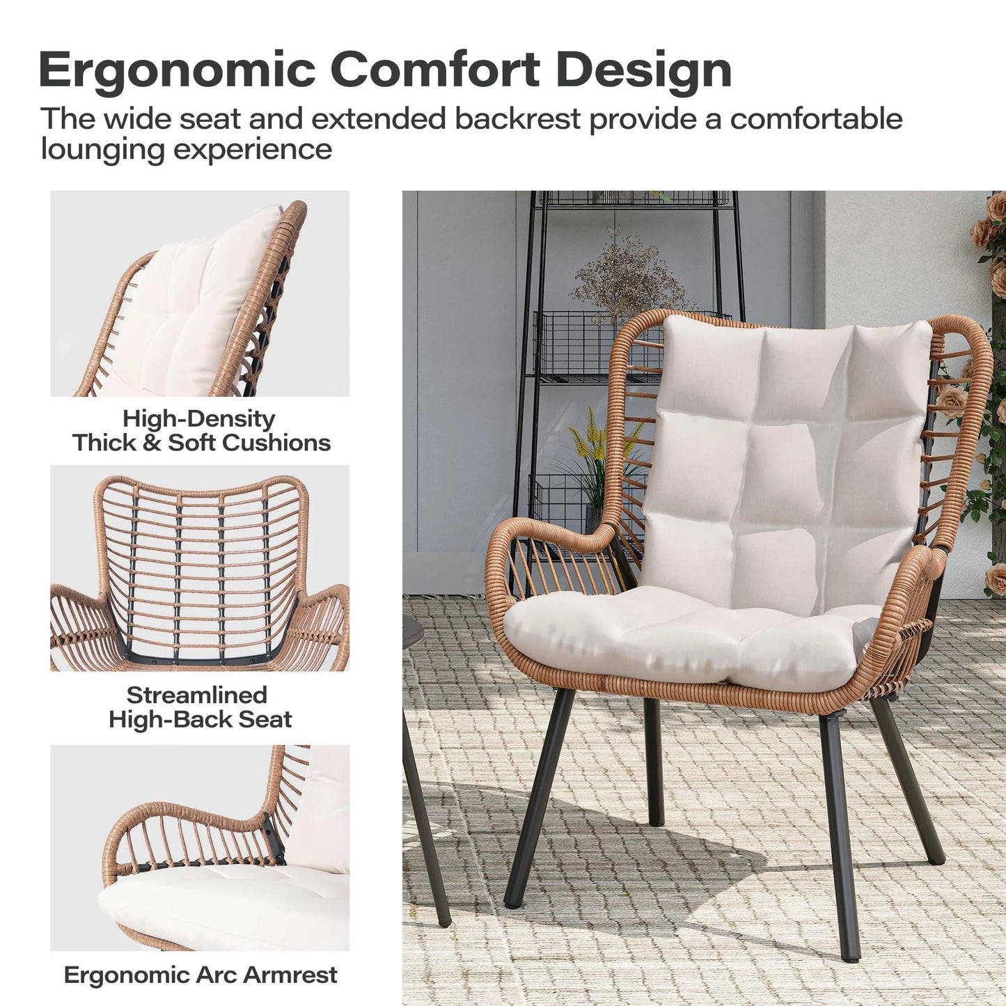 LAUSAINT HOME 3-Piece Patio Furniture Set, High Back Outdoor Bistro with Coffee Table & Beige Cushions for Garden or Deck