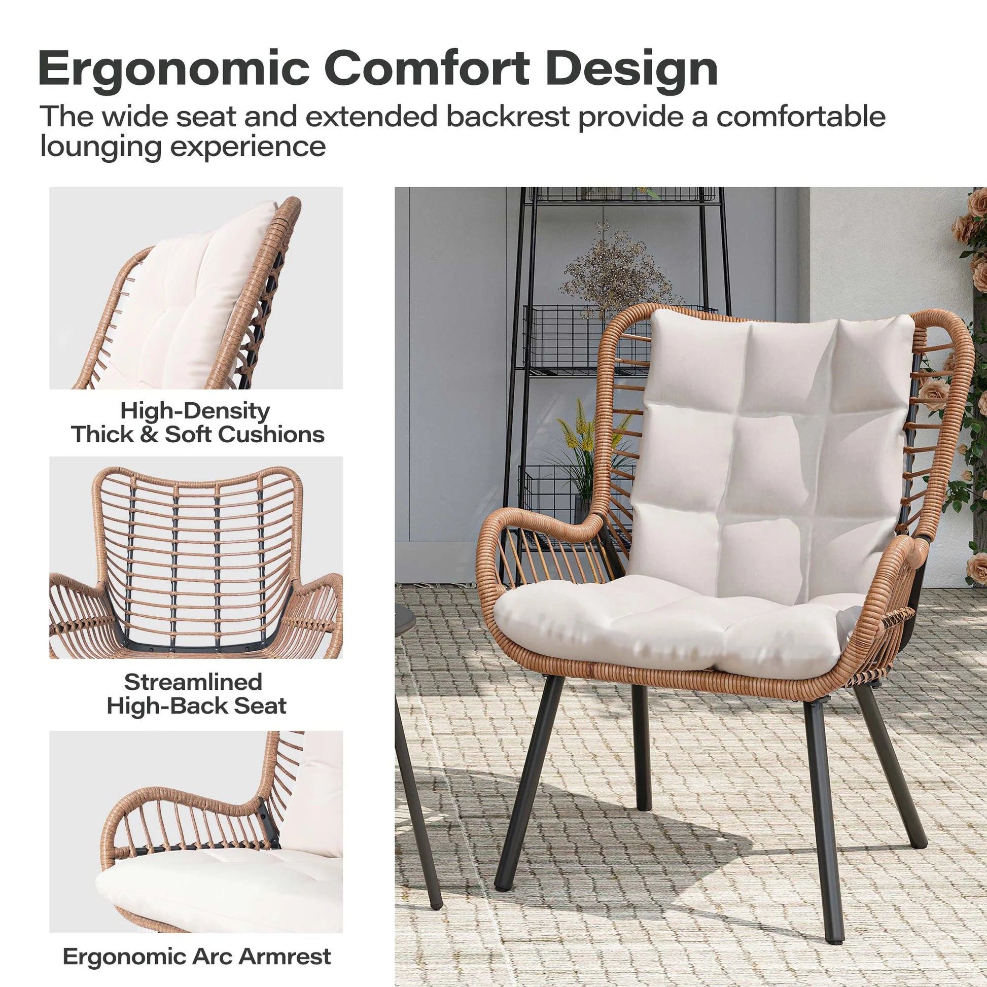 LAUSAINT HOME 3-Piece Patio Furniture Set, High Back Outdoor Bistro with Coffee Table & Beige Cushions for Garden or Deck
