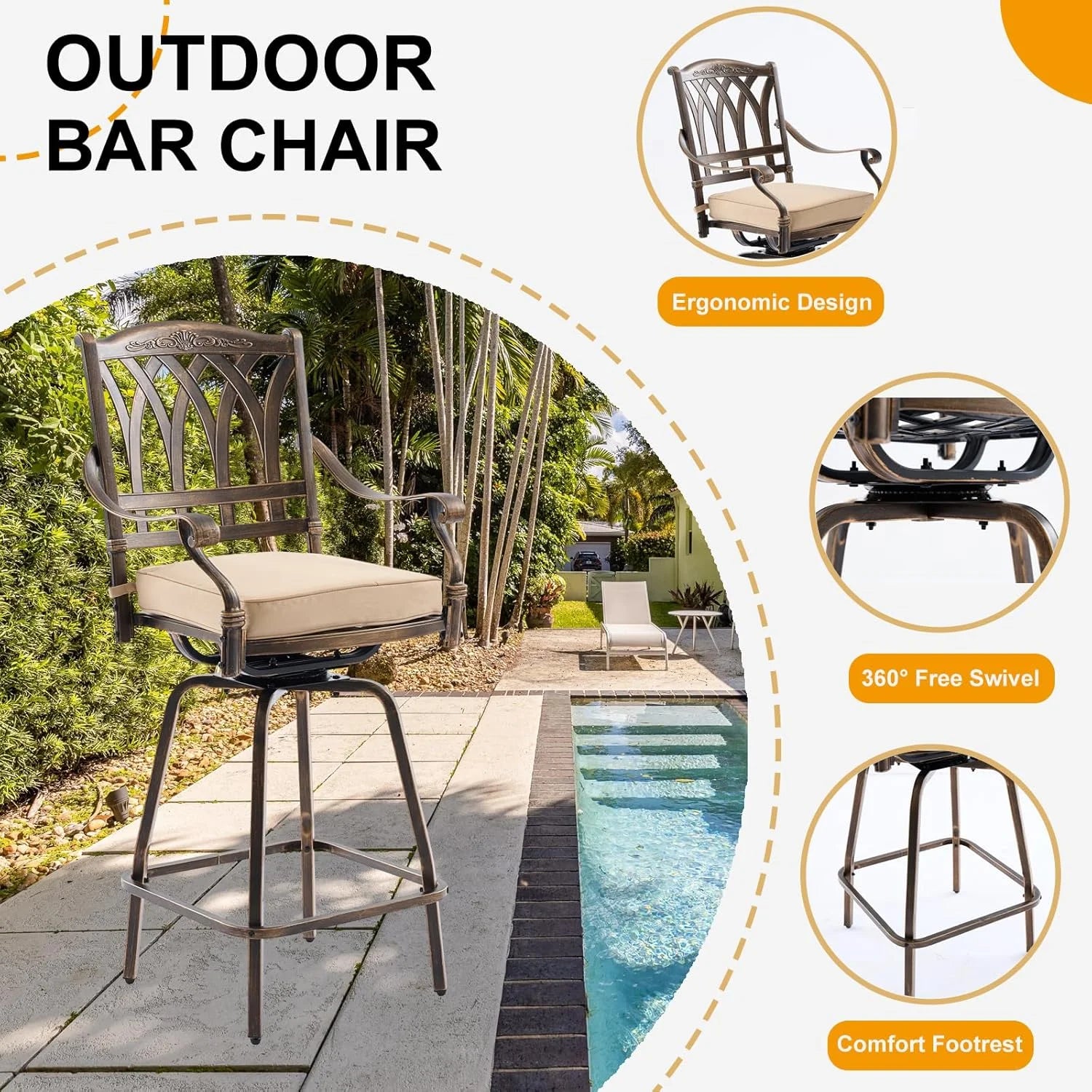 Bar Height Outdoor Table and Chairs, 3 PCS Cast Aluminum Patio Swivel Bar Set Include 31.5" Outdoor High Top Table and Barstool Set of 2 with Cushions