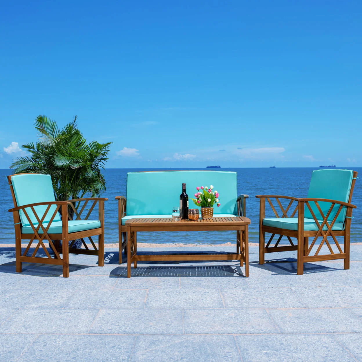SAFAVIEH Outdoor Collection Fontana 4-Piece Patio Set Aqua Cushion