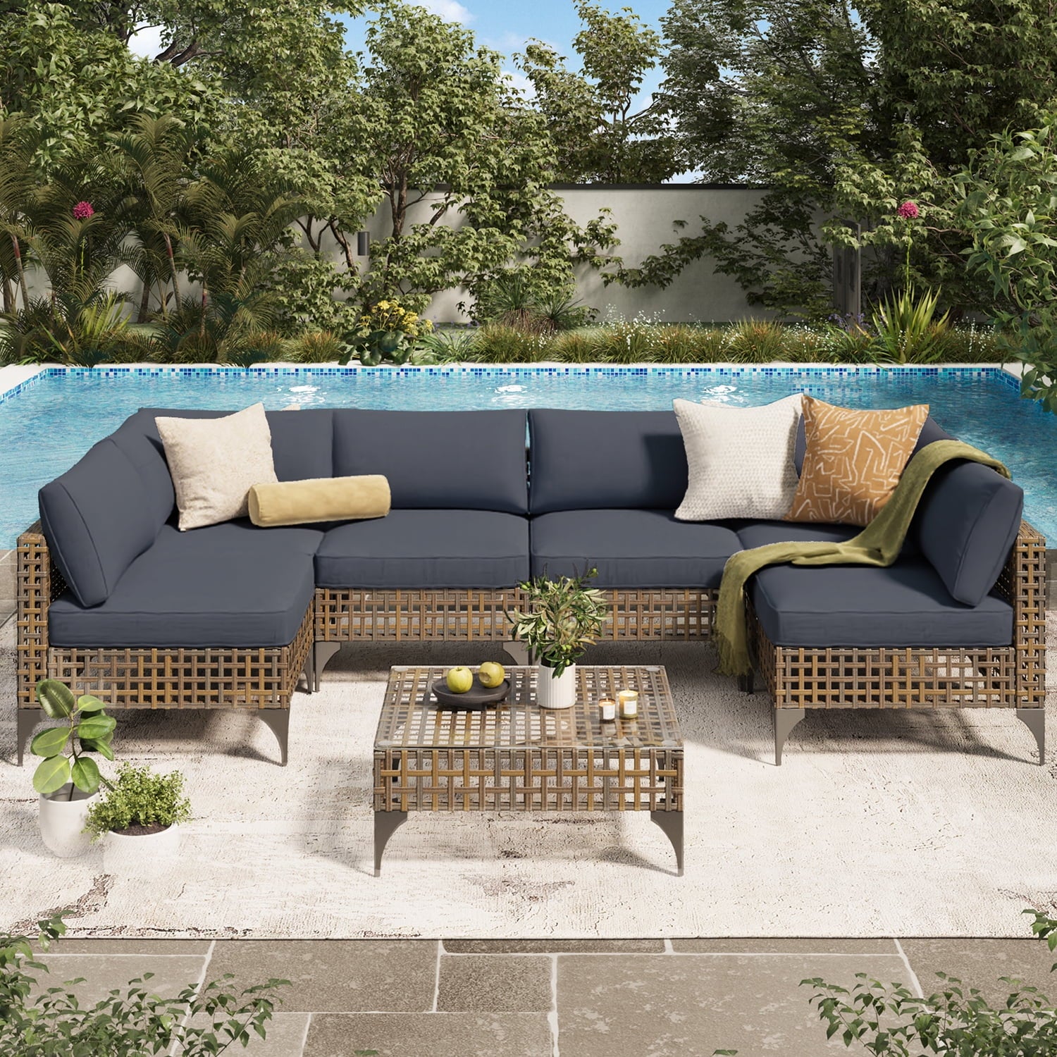 YODOLLA 7-Piece Patio Furniture Set with Tea Table, Rattan Wicker Outdoor Sectional Furniture Sofa Conversation Set, Dark Brown Rattan& Dark Grey Cushions