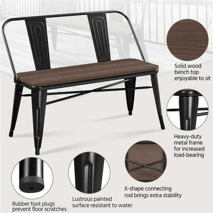 SMILE MART Industrial Metal Dining Bench with Wooden Top for Patio Kitchen Garden, Black