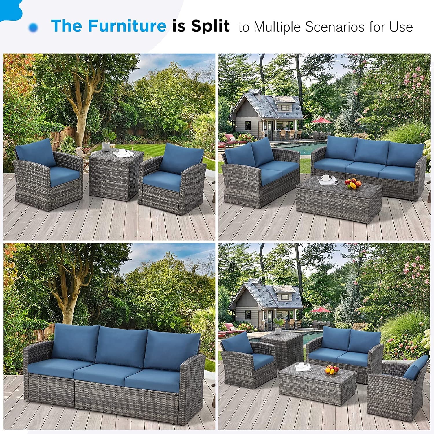AECOJOY 7 Pieces Outdoor Furniture Set with Two Storage Boxes, Rattan Wicker Sectional Sofa Couch Patio Conversation Set, Dark Blue