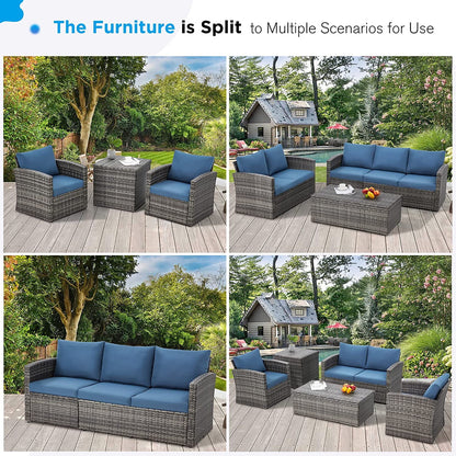 AECOJOY 7 Pieces Outdoor Furniture Set with Two Storage Boxes, Rattan Wicker Sectional Sofa Couch Patio Conversation Set, Dark Blue