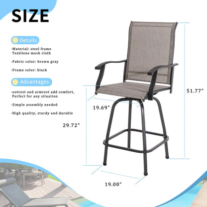 Sobaniilo Outdoor Patio Swivel Bar Stools, Set of 2 Metal Textile High Swivel Bar Chairs for Backyard, Lawn Garden, Balcony, Taupe