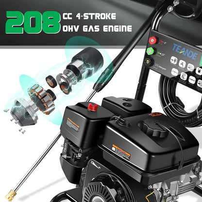 TEANDE Gas Pressure Washer Powered, 2.6 GPM 209cc 7.0 HP Power Washer with 3 Quick-Connect Nozzles, 25 ft Hose for Cars, Driveway, Patio, Siding, Fence Cleaning