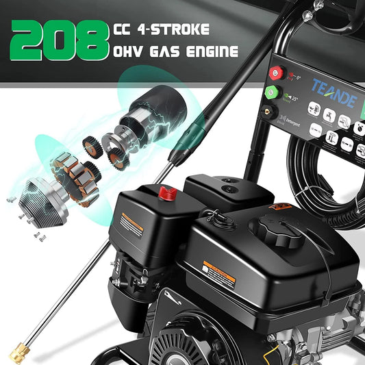 TEANDE Gas Pressure Washer Powered, 2.6 GPM 209cc 7.0 HP Power Washer with 3 Quick-Connect Nozzles, 25 ft Hose for Cars, Driveway, Patio, Siding, Fence Cleaning