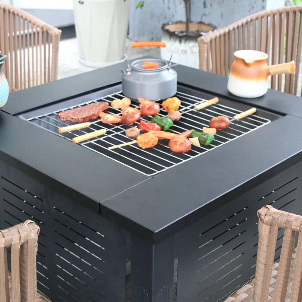 2 in 1 Smokeless Fire Pit Table for Outdoor Patio, Square Steel Heater with Removable Lid, Grill Over Stove, Multifunctional Firepit Table for Garden, Deck, Balcony, Backyard