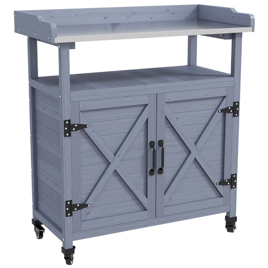 CoSoTower Outdoor Potting Bench, Wooden Potting Table with Storage Cabinet, Aluminum Table Top, Rubber Wheels for Backyard, Patio, Balcony, Gray