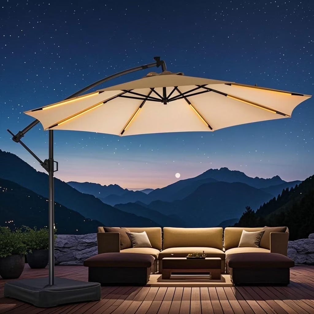 10ft Patio Umbrella Offset with Solar Light and Base,Offset Hanging Patio Outdoor Market Umbrella with Easy Tilt and Crank,for Yard,Garden,Home,Pool & Deck,Green