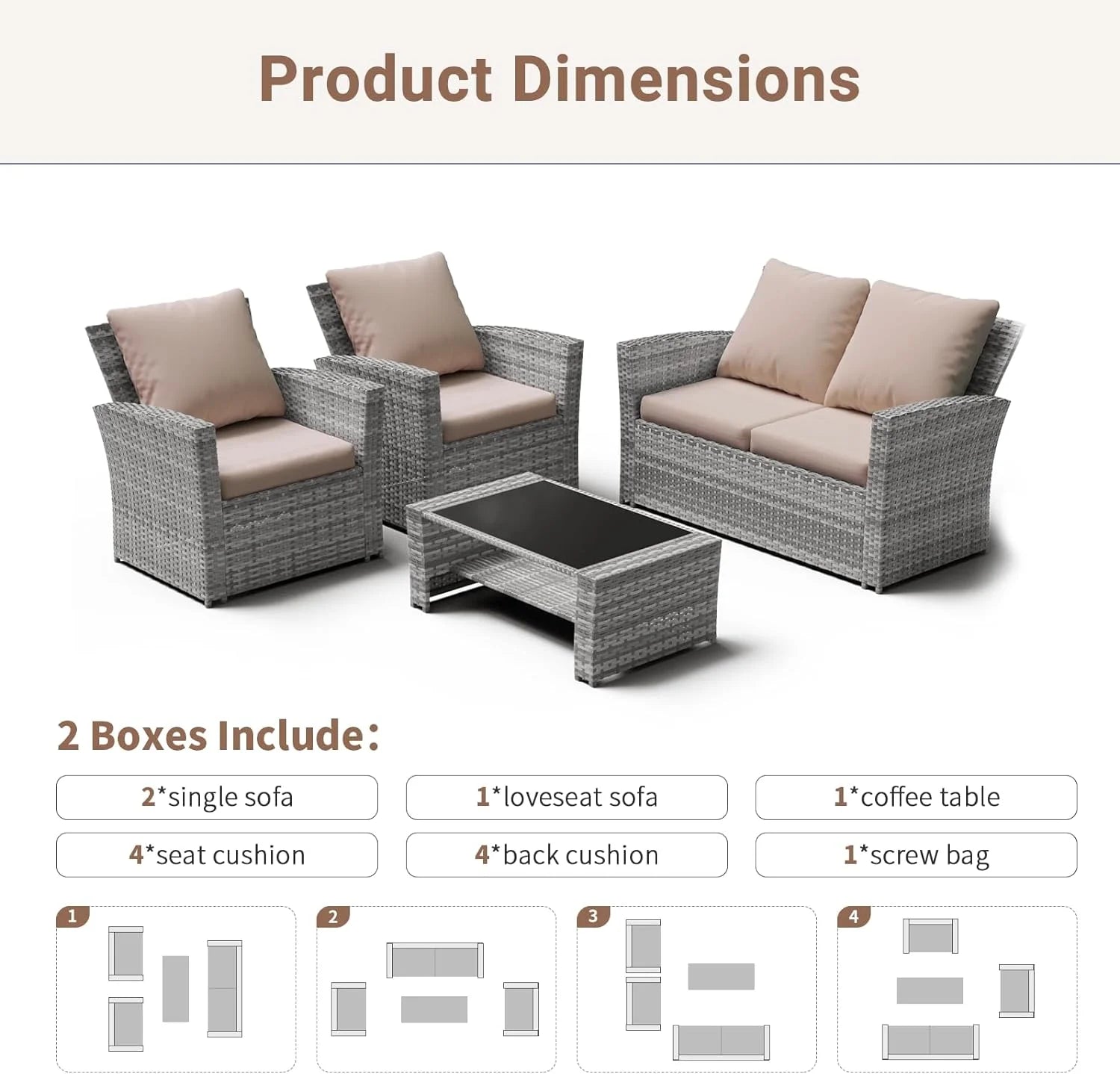 ELPOSUN Wicker Patio Furniture Set, 4 Piece Outdoor Sectional Conversation Sets, Gray PE Rattan Patio Sofa Set for Balcony, Porch, Backyard, Grey