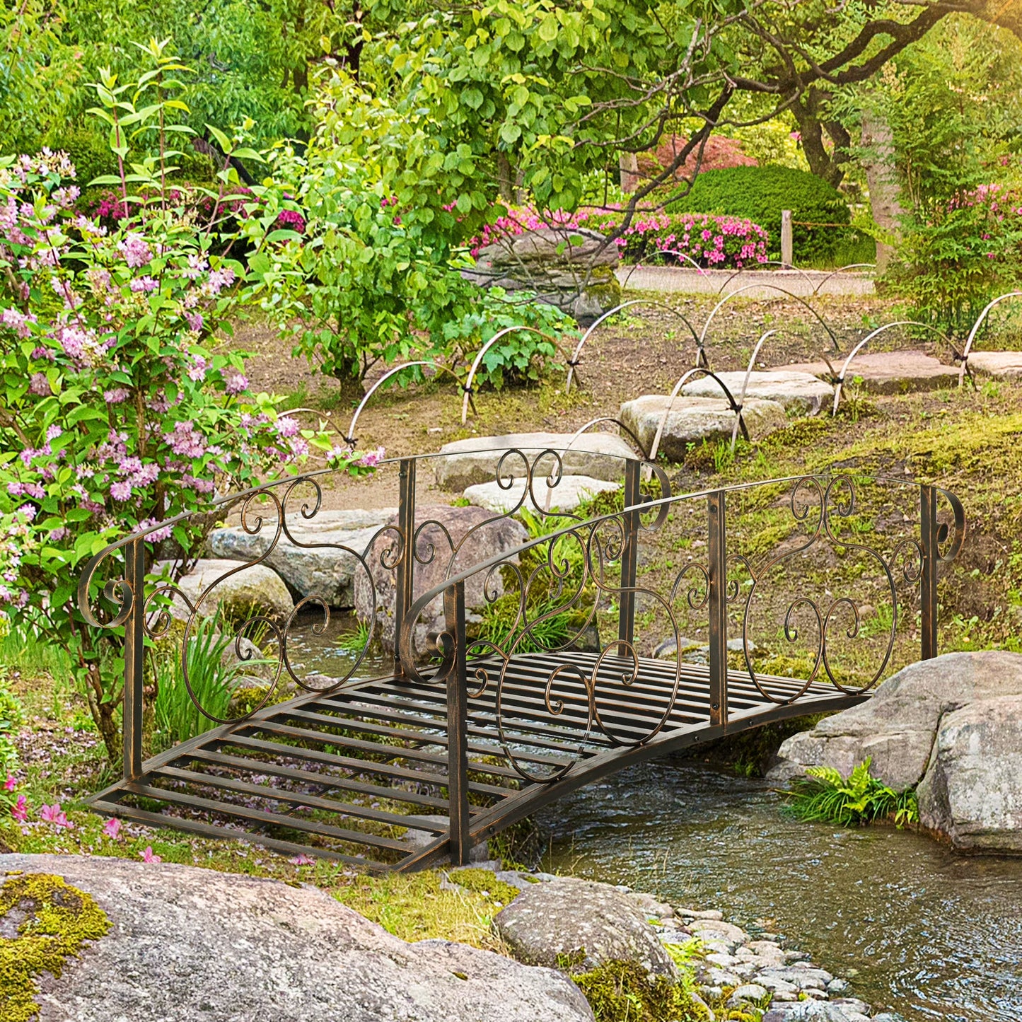 JWRWEF 6FT Garden Bridge with Safety Rails, Decorative Outdoor Steel Pond Bridge, Vine Pattern Handrails for Backyard, Walkway, Yard, Patio, Water Feature