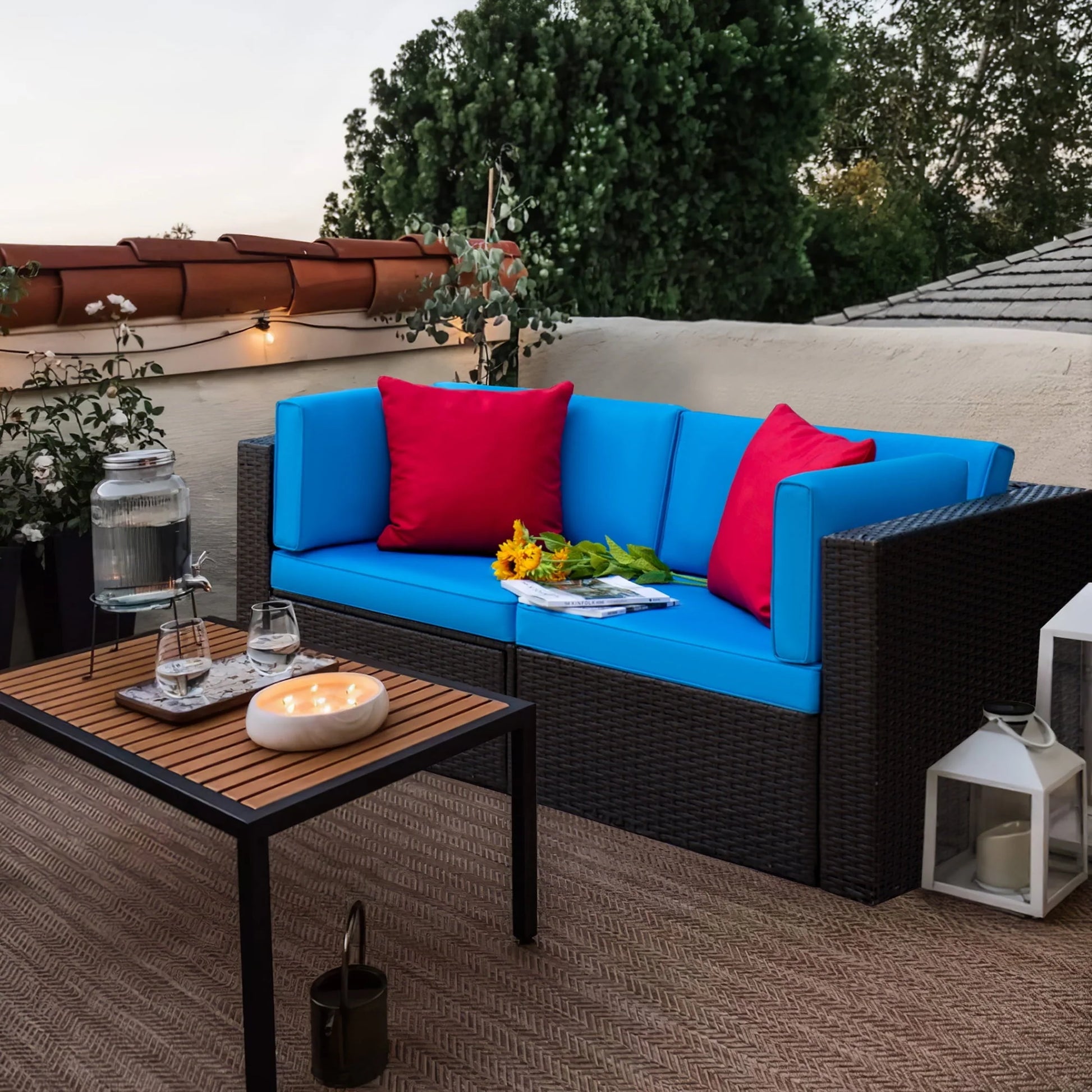 Lacoo 2 Pieces Patio Loveseat Outdoor Sectional Sofa Patio Conversation Set for Small Area, Blue