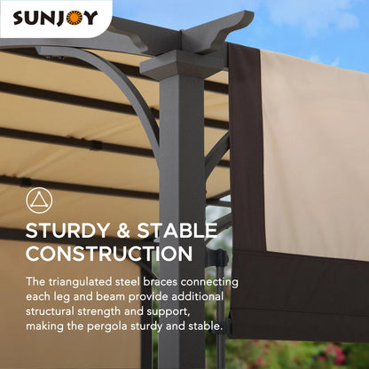 Sunjoy Lindt 9.5 x 11 ft. Outdoor Steel Arched Pergola with Adjustable Canopy for Patio, Backyard, and Garden, Tan & Brown