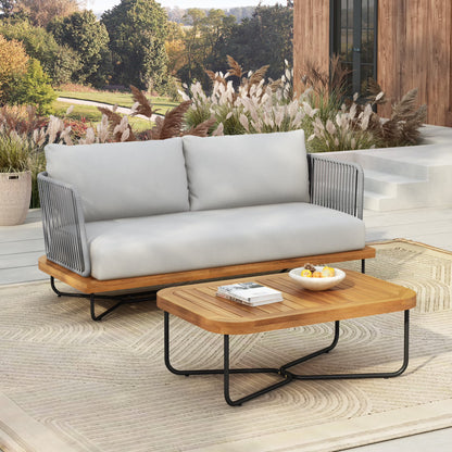 Christopher Knight Home 2-Piece Patio Furniture Outdoor Loveseat Set, Rope Woven Loveseat with Coffee Table, Beige Cushion