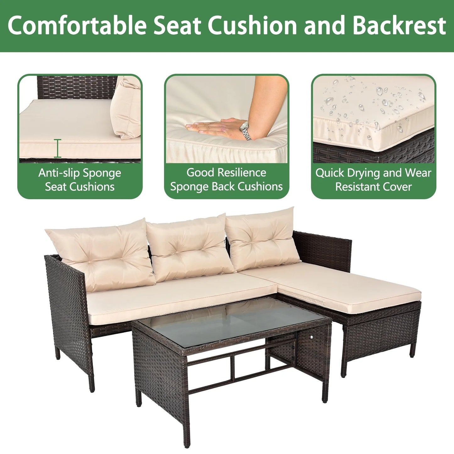 Outdoor Patio Furniture Set of 3, Rattan Wicker Outdoor Swivel Glider Rocker w/Table and Cushions, Brown