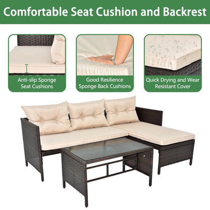 Outdoor Patio Furniture Set of 3, Rattan Wicker Outdoor Swivel Glider Rocker w/Table and Cushions, Brown
