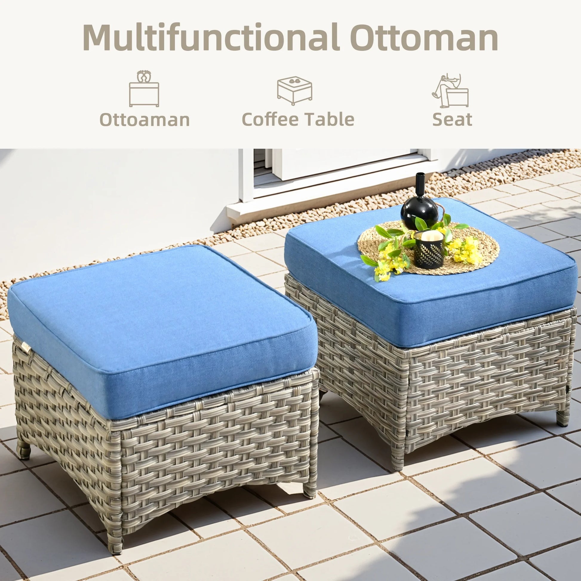 Ovios 6 Pieces Outdoor Furniture Set High Back All-Weather Wicker Patio Conversation Set with Ottomans & Solar Light Coffee Table, Diamond Blue