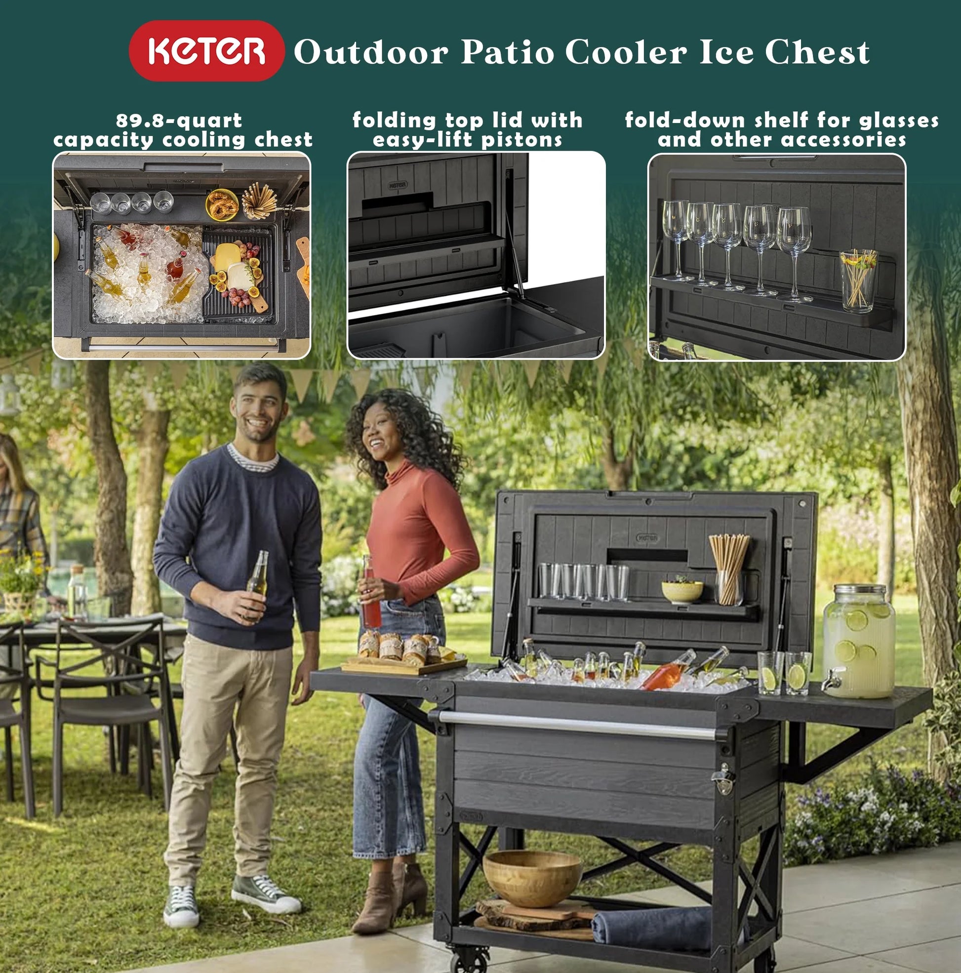 Open Box Keter Outdoor Patio Cooler Ice Chest Insulated Beverage Bar Cart, Gray
