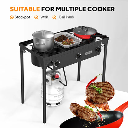 VINGLI 3 Burner High Pressure Outdoor Camping Burner, 225,000 BTU Propane Gas Stove with CSA Listed Regulator, Picnic Cooker Perfect for Home Brewing Maple Syrup Patio Turkey Frying Canning