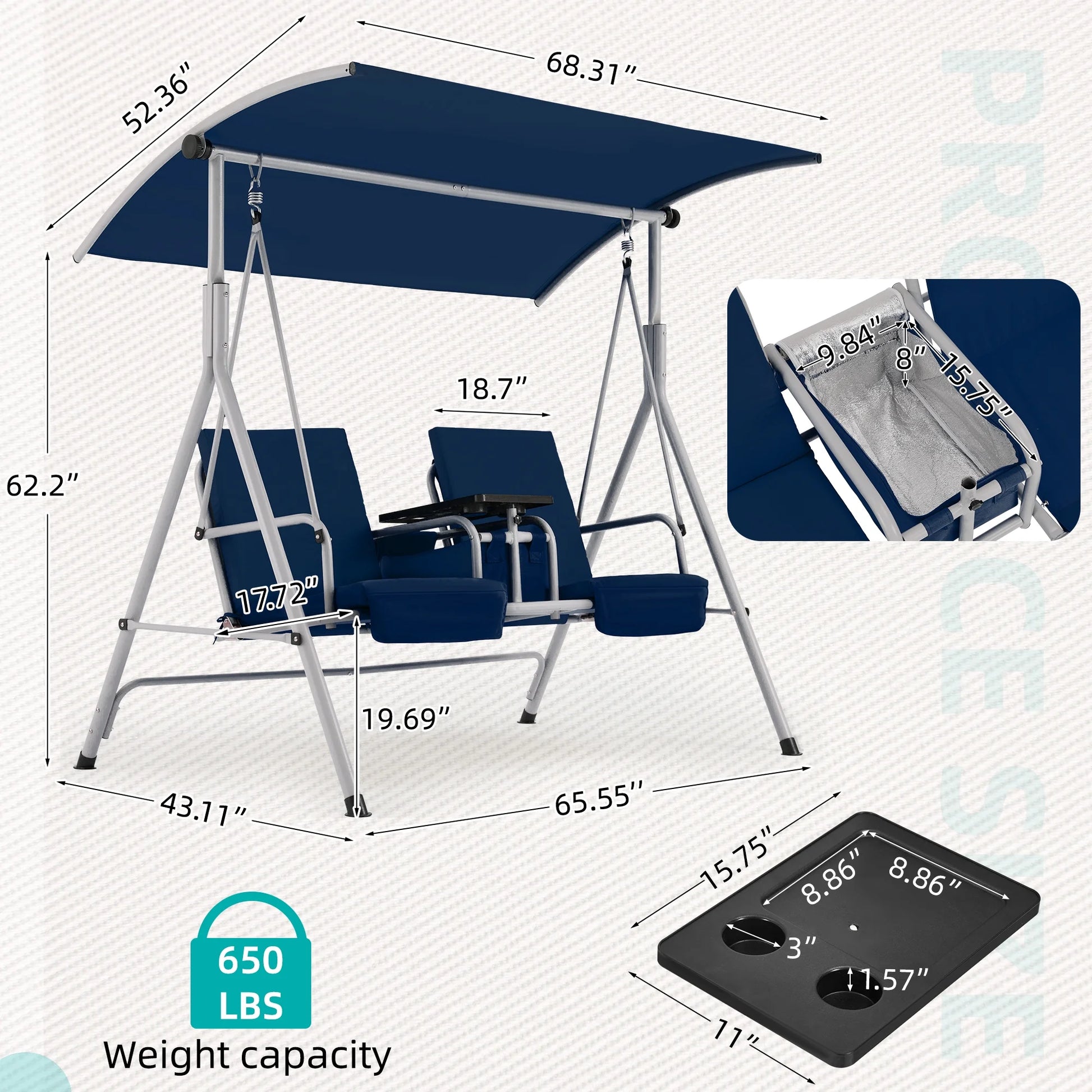 HOMREST Patio Swing with Adjustable CanopyHeavy Duty 650 LBS Outdoor Swing with Pivot Storage Table & 4 Cup Holders & Cushions for Yard, Lawn, Backyard, Navy Blue