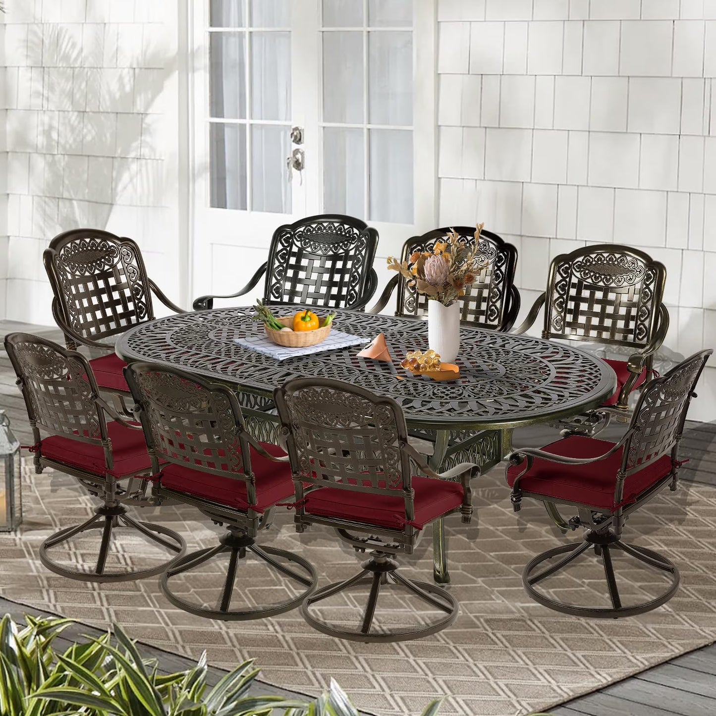 9-Piece Patio Cast Aluminum Dining Set, 8 Person Outdoor Dining Furniture Set, includes 84" Oval Table and 8 Swivel Dining Chairs with Umbrella Hole for Patio Deck Garden, Tan