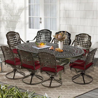 9-Piece Patio Cast Aluminum Dining Set, 8 Person Outdoor Dining Furniture Set, includes 84" Oval Table and 8 Swivel Dining Chairs with Umbrella Hole for Patio Deck Garden, Tan