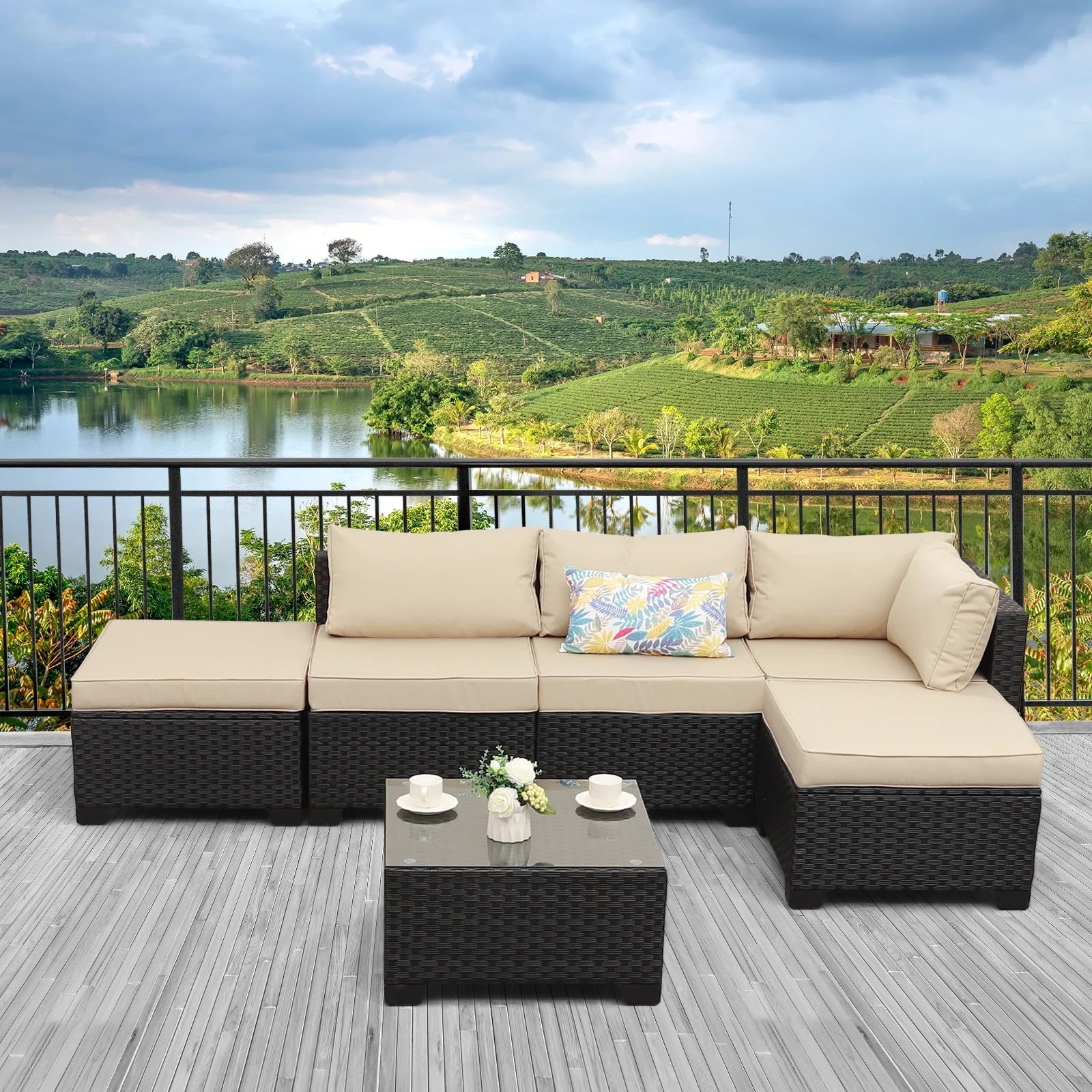 Waroom Outdoor Wicker Sofa Set 6-Piece Patio Sectional Furniture Set, Khaki