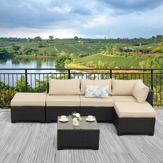 Waroom Outdoor Wicker Sofa Set 6-Piece Patio Sectional Furniture Set, Khaki