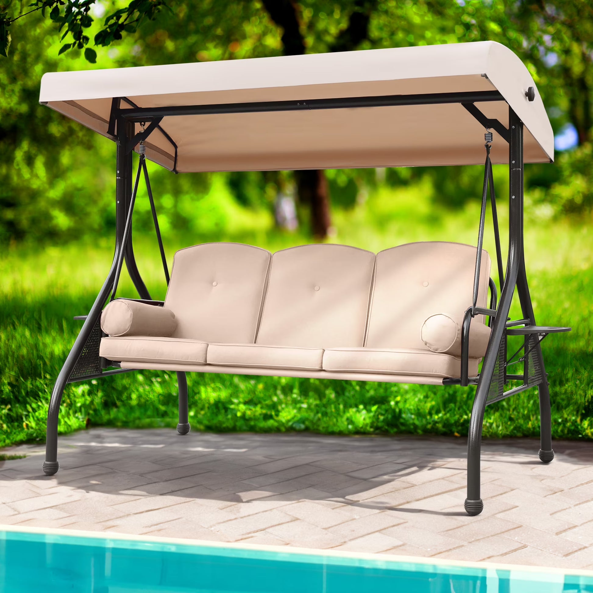 NOBLEMOOD 3-Seat Patio Porch Swing with Adjustable Canopy, Thickened Cushion & Foldable Tray, Red