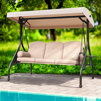 NOBLEMOOD 3-Seat Patio Porch Swing with Adjustable Canopy, Thickened Cushion & Foldable Tray, Red