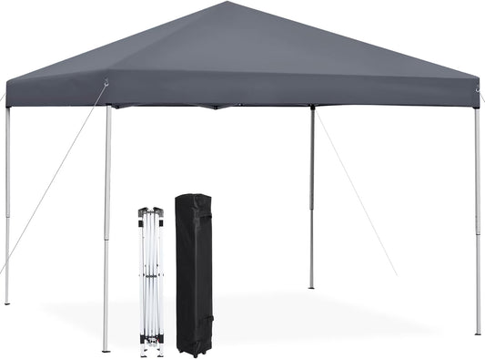 PRZL 10x10 Pop Up Canopy Tent Easy Set-up Outdoor Patio Canopy Adjustable Straight Leg Heights Instant Shelter with Wheeled Bag, Ropes (10x10ft-Grey)