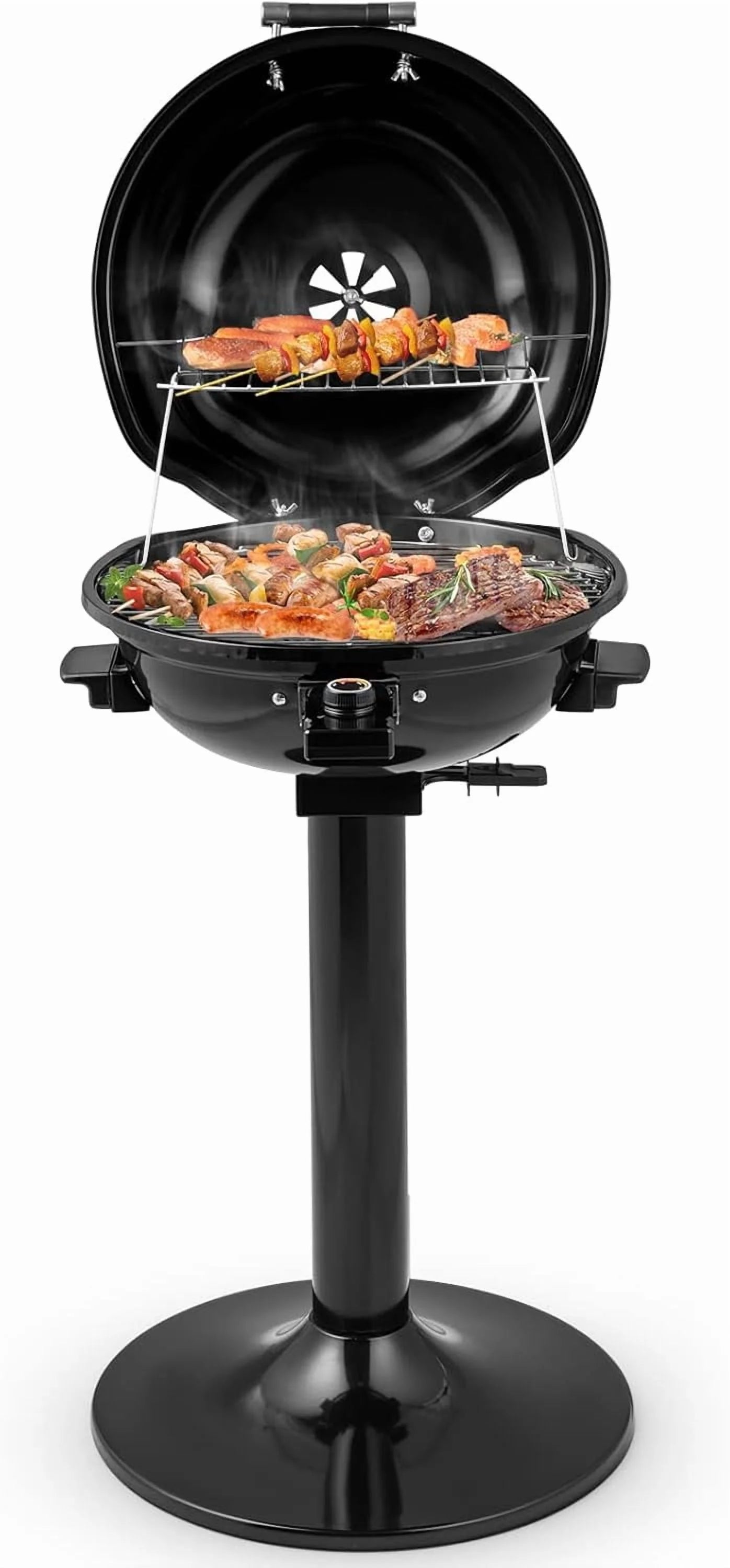 HAPPYGRILL 1600W Electric Grill Outdoor, Portable BBQ Grill with Warming Tray, Removable Non-Stick Grill Rack, Adjustable Temperature& Oil Drip Tray for Patio, Camping, Picnic,Red