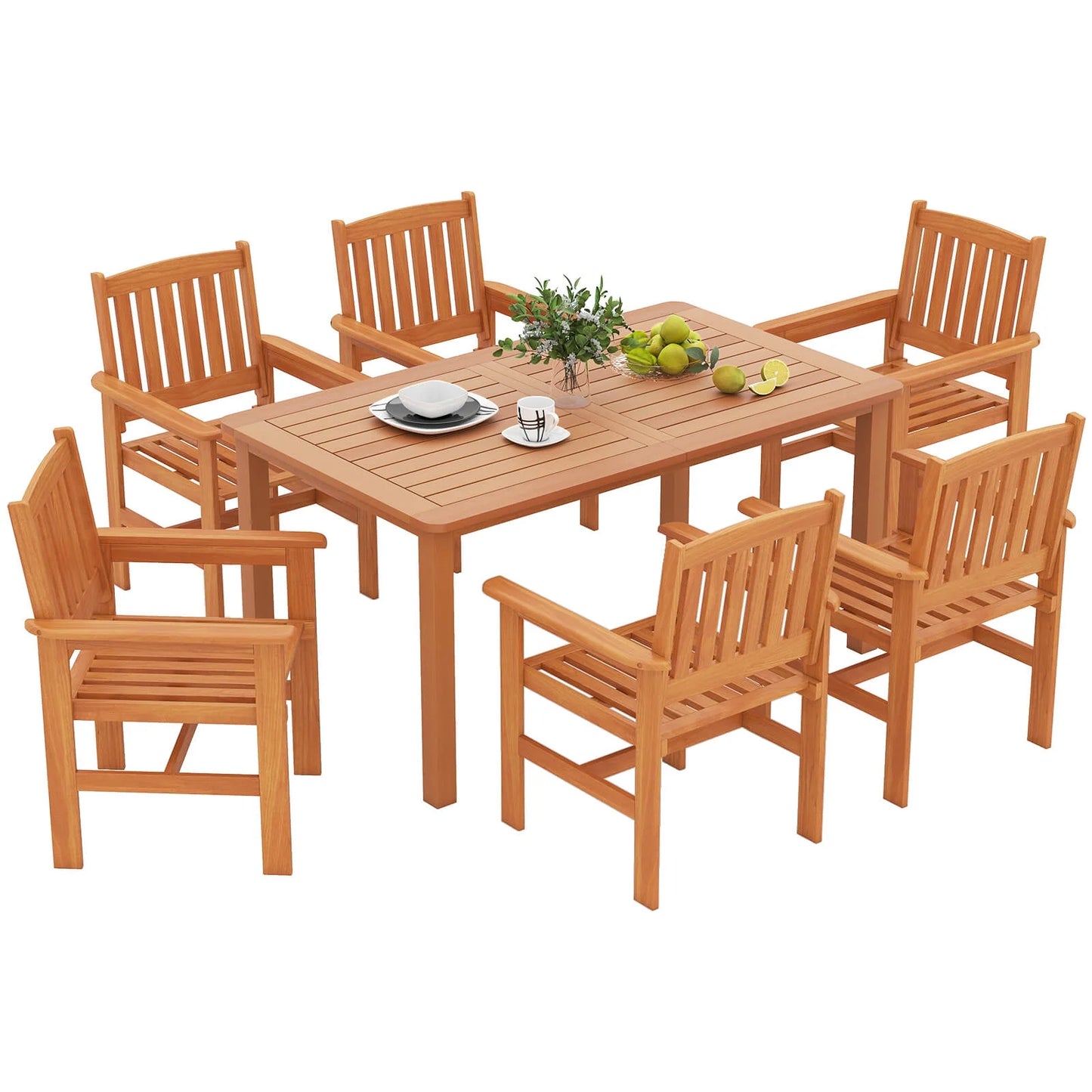 Costway 7 PCS Patio Wood Dining Table Set with 2? Umbrella Hole Outside Furniture Set
