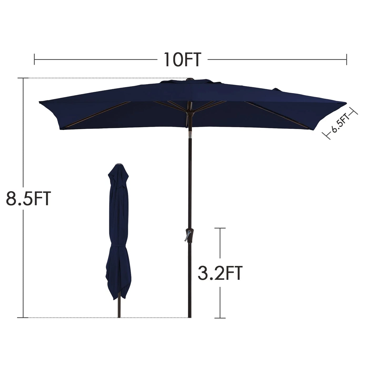 JEAREY 6.5*10ft Rectangular Patio Market Umbrella with Crank & Tilt, UV & Water-Resistant Canopy Navy Blue