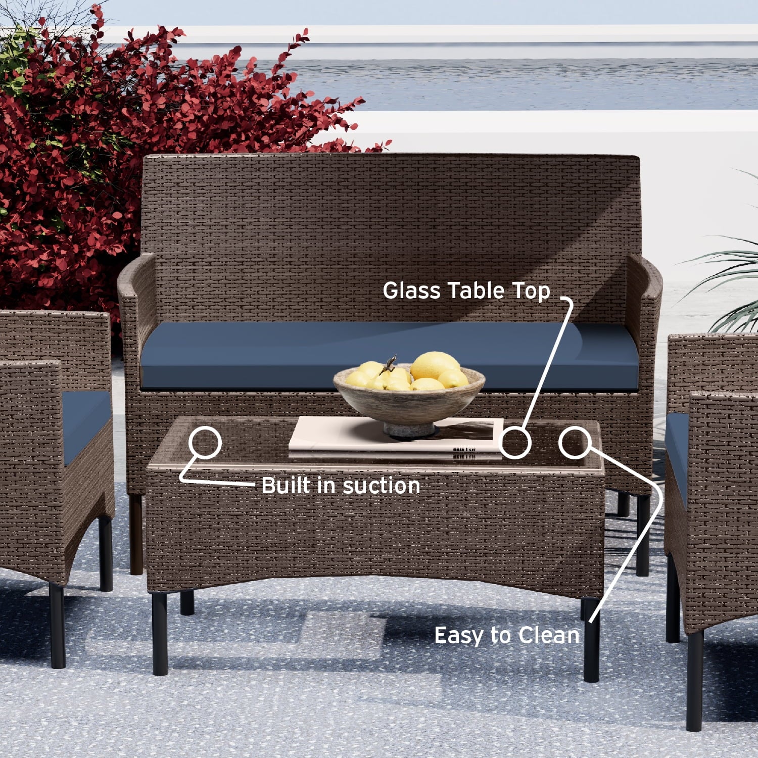 Hearth & Harbor Outdoor Furniture Set, 4 Piece Wicker Patio Chairs Set, Brown with Navy Cushions