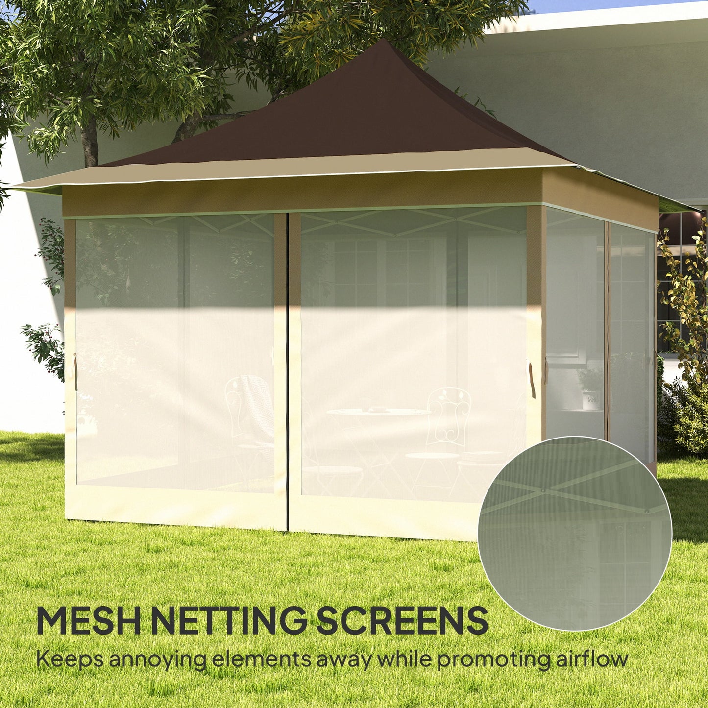 Homiyad 12' x 12' Canopy Tent with Mesh Netting, UPF50+ Pop Up Tent with Carry Bag for Garden, Patio, Brown