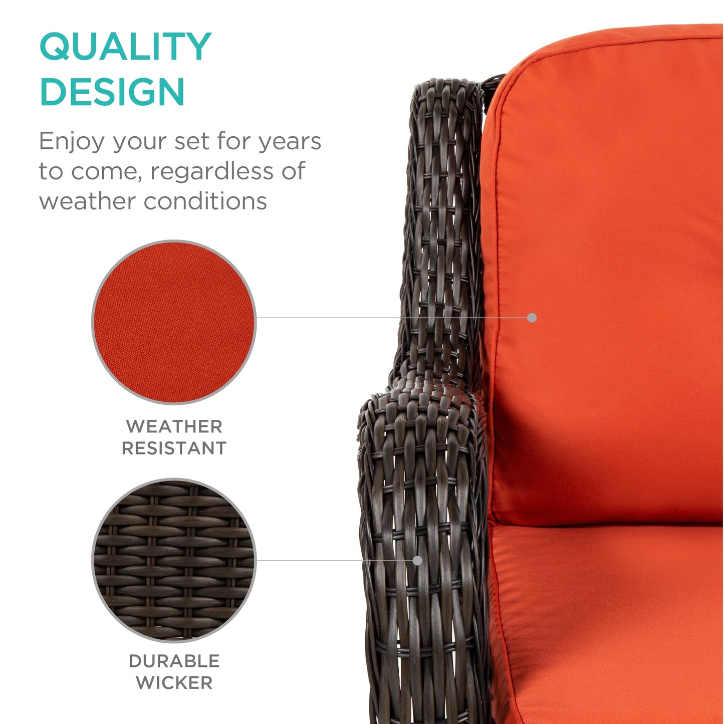 Best Choice Products 3-Piece Patio Wicker Bistro Furniture Set w/2 Cushioned Swivel Rocking Chairs, Side Table - Rust