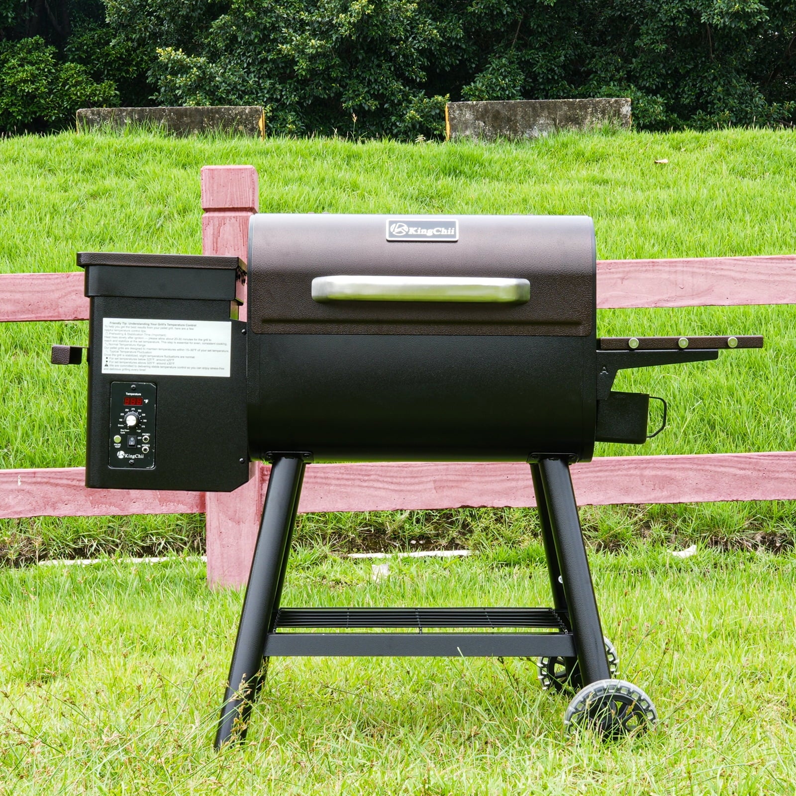 KingChii Pellet Grill Smoker with Side Shelf, 456 SQ.IN Grill with PID Temperature Control for Outdoor Cooking, BBQ Camping and Patio, Brown