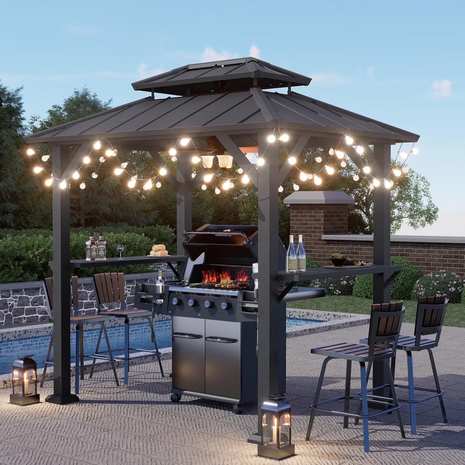 SOLUMIA 8'x6' Grill Gazebo with Double Roof, Aluminum Frame, Side Shelves, Galvanized Steel, for Patio, Backyard, Black