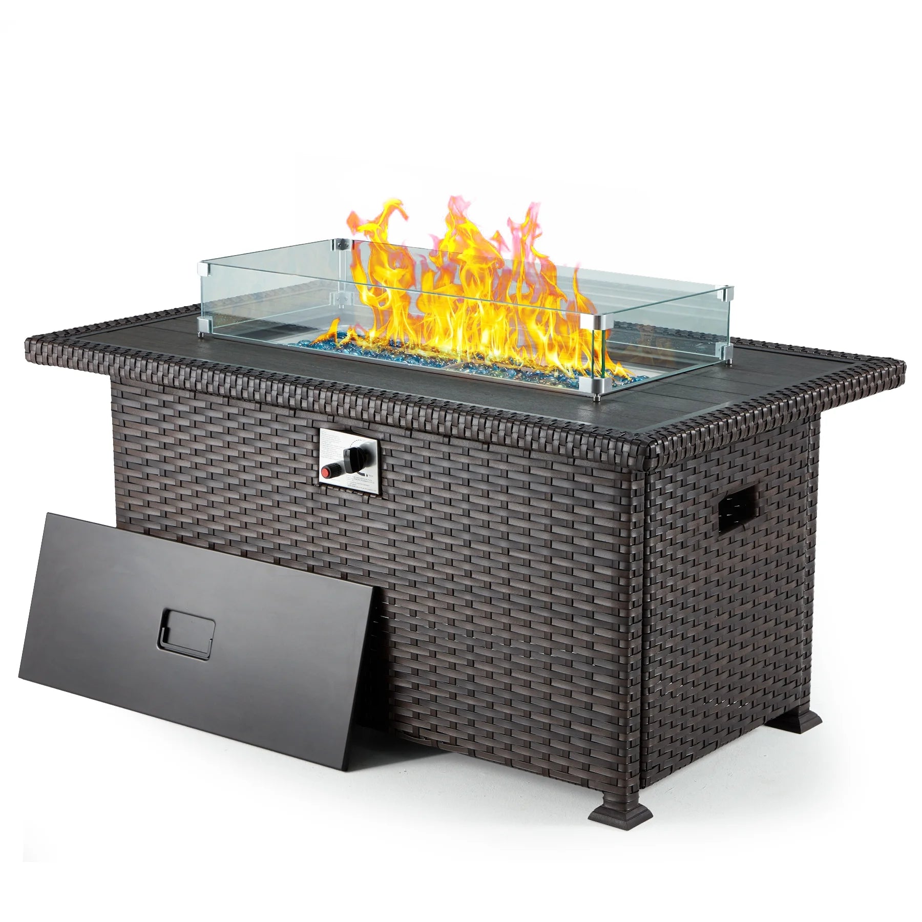 HOMREST 7 Pieces Outdoor Patio Furniture Set with 44" Propane Fire Pit Table, PE Rattan Sectional Sofa Conversation Set w/Adjustable Bracket,Wood Coffee Table for BackyardGrey