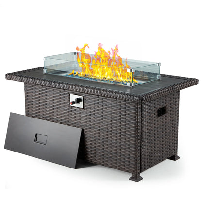 HOMREST 7 Pieces Outdoor Patio Furniture Set with 44" Propane Fire Pit Table, PE Rattan Sectional Sofa Conversation Set w/Adjustable Bracket,Wood Coffee Table for BackyardGrey